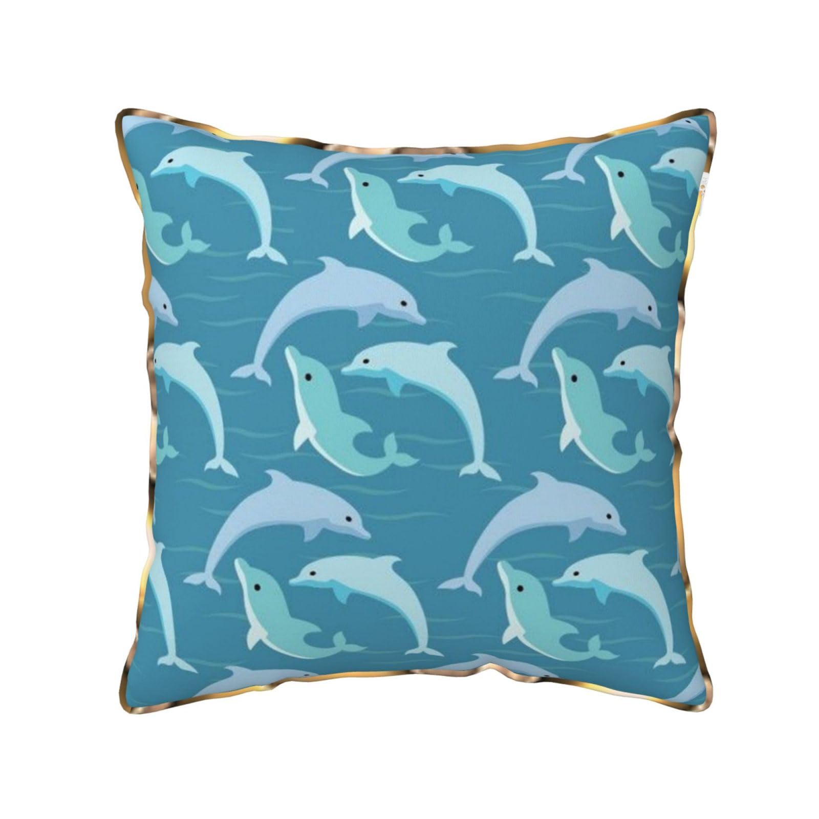 AUBKFELD Dolphin Printed Velvet Cushion Cover 45x45 CM with Gold Edging Strip, Square Pillowcase Soft Throw Pillow Covers Case Decorative for Living Room Sofa Couch Bed Bench