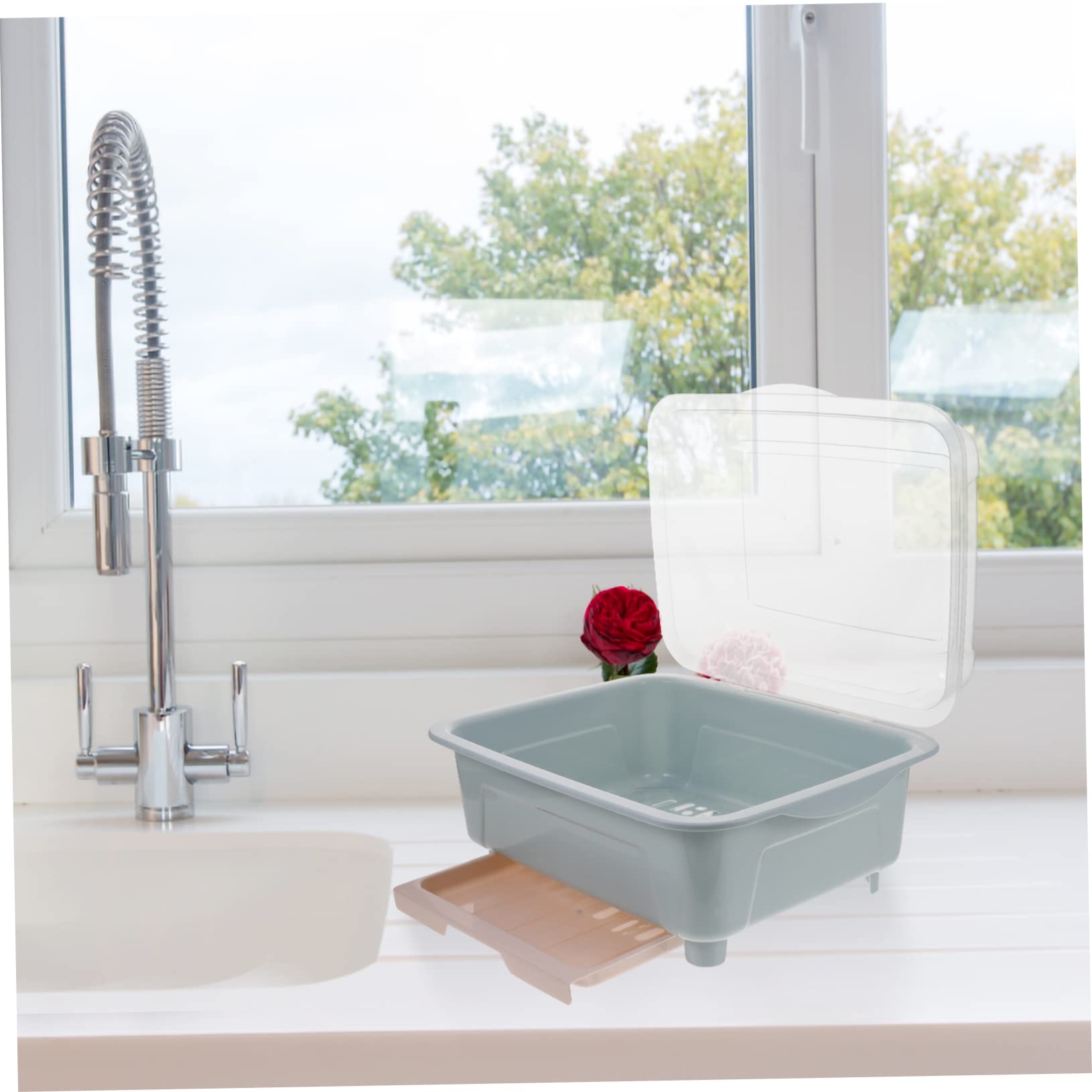 Escurreplatos azul que ahorra espacio con soporte para cubiertos, diseño compacto para un secado y nización eficientes, ideal para cocinas pequeñas