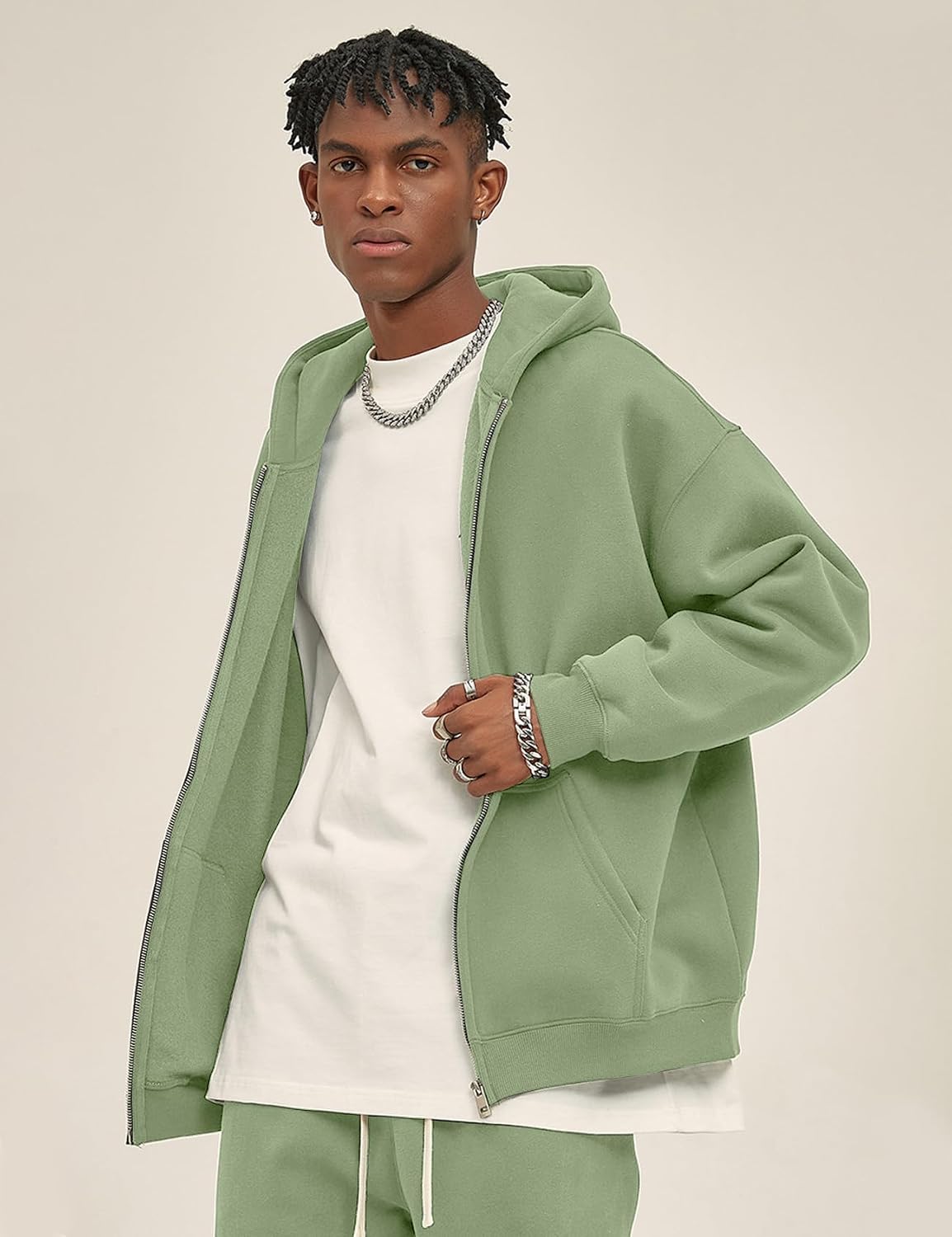 Flygo Mens Zip Up Hoodies Oversized Fleece Long Sleeve Drop Shoulder Hooded Sweatshirt Trendy Vintage Streetwear(Green-S)