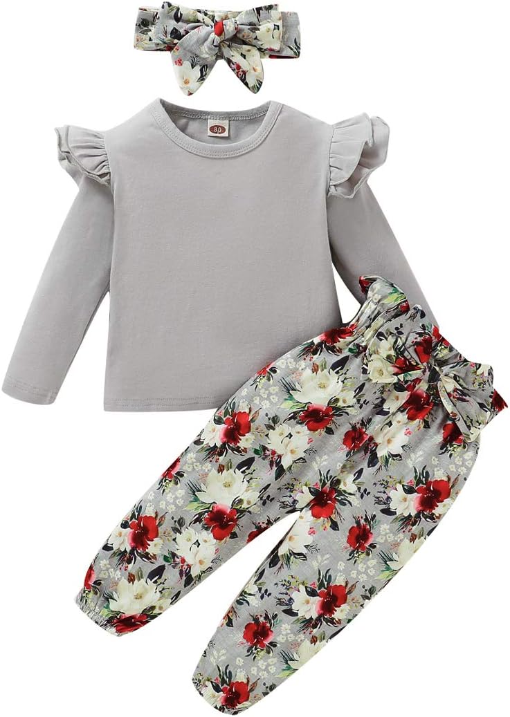 YALLET 3Pcs Toddler Girl Clothes Solid Color Long Sleeves Ruffle Top+Floral Pants+Headband 1-6 Years Fall/Winter Outfits Set