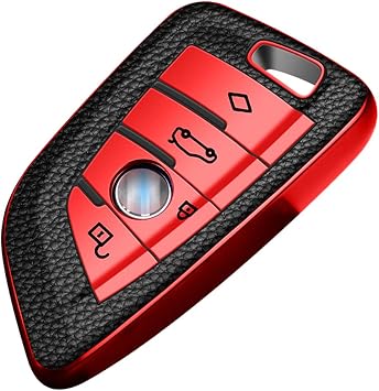 x xotic tech Red TPU Grainy Leather Texture Key Fob Shell Cover Case, Compatible with BMW 2 3 5 7 Series X1 X2 X3 X5 X6 X7 X5m Z4 M3 M5 M6 G05 G20 G30 G31 G80 F10 F15 4-Button Smart Keyless Entry Key