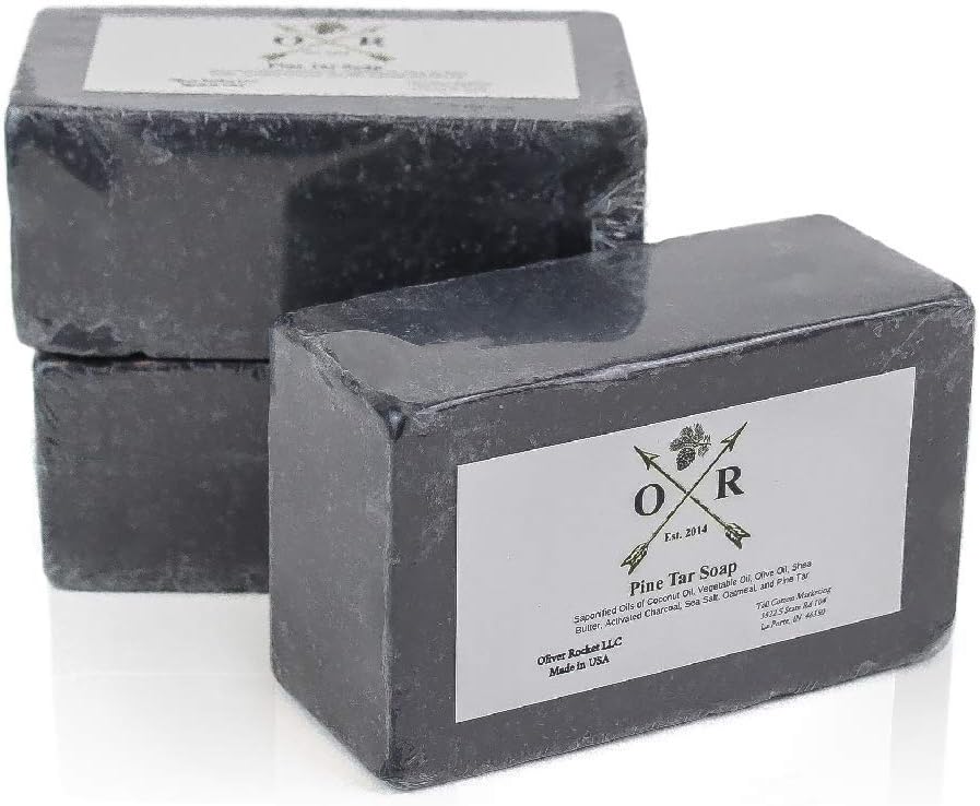 OLIVER ROCKET Pine Tar Soap - Men's Face and Body Soap with Pine Tar Extract and Charcoal - Homemade in USA with Coconut Oil and Olive Oil (3 Bar Set)