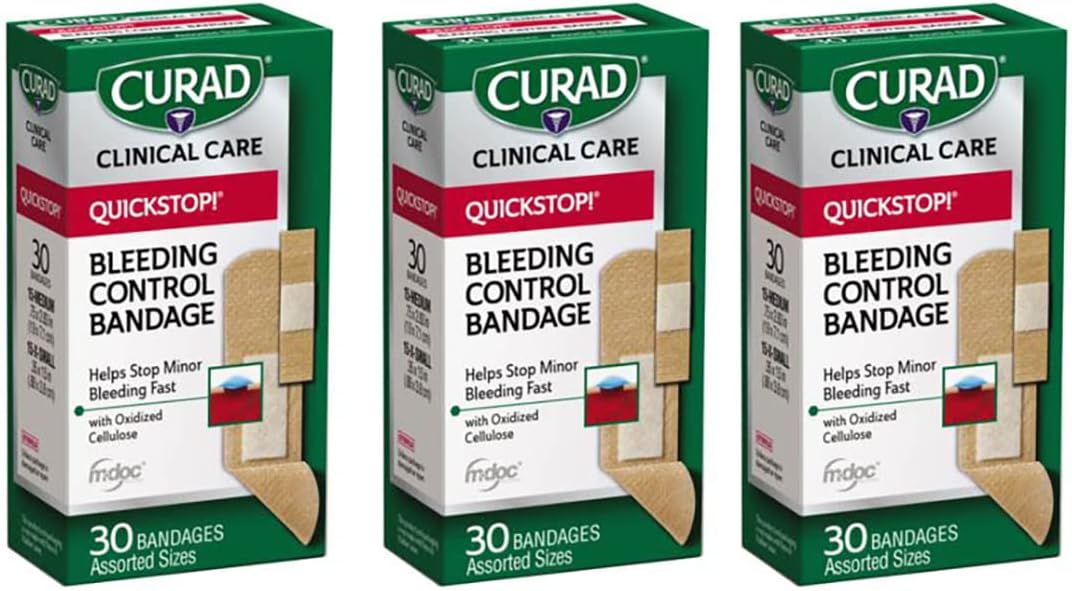 Curad Quickstop Flex-Fabric Bandages, Quickstop Bleeding Control Technology, Assorted Sizes, 30 Count (Pack of 3)