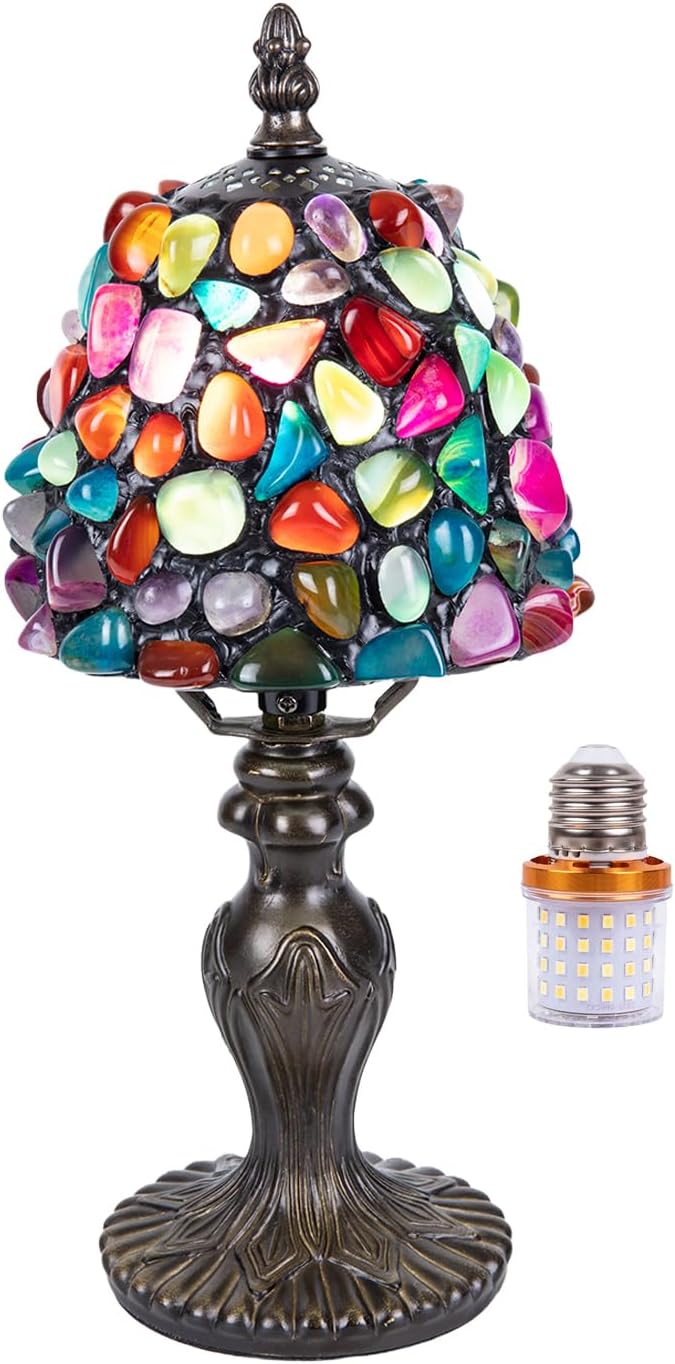 Small Tiffany Table Lamp, 3 Color-Temperature Agate Amber Stained Glass Lamp,6 Inch Tiffany Style Lamp for Bedroom Living Room Home, Handcrafted Light, Included Bulb