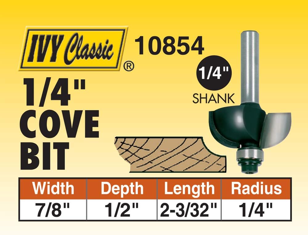 IVY Classic 10854 Cove Carbide Router Bit with Ball Bearing, 1/4" Shank, Radius: 1/4", Width: 7/8", 1/ Hang Box