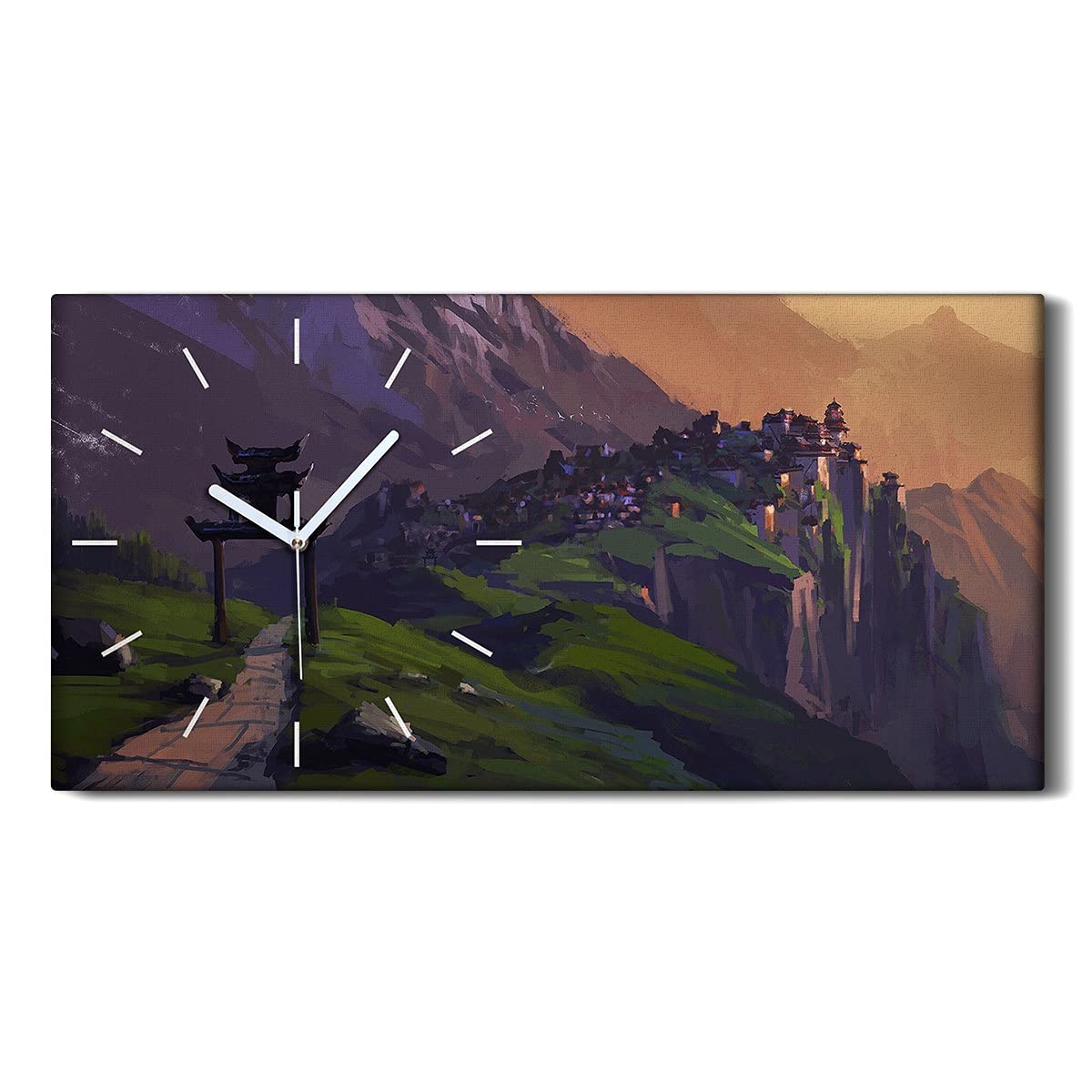Horloge sur Toile China City Mountain Coloray 60x30cm Tableau Mural Blanc Silencieux