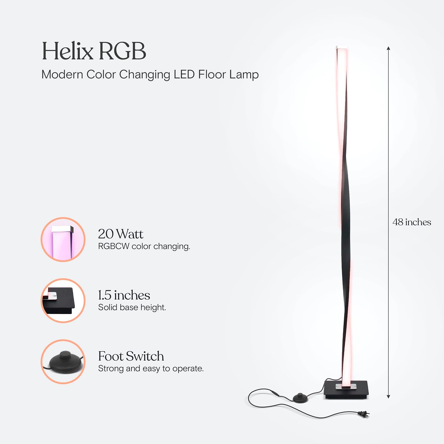Brightech Helix Modern Color Changing LED Floor Lamp - 48” Tall Lamp with RGB Color Gradient and Contemporary Twisting Column Pole - Corner or End Table Standing Lamp - Built-in NO APP - Black