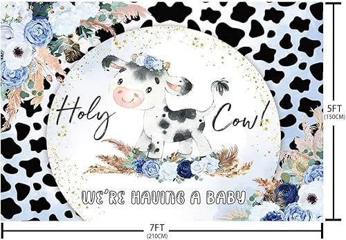 Miniatura 5 de Fondo de baby shower de vaca sagrada de 7 x 5 pies para niño, estampado de piel de vaca con texto en inglés "We Are Having a Baby", estampado