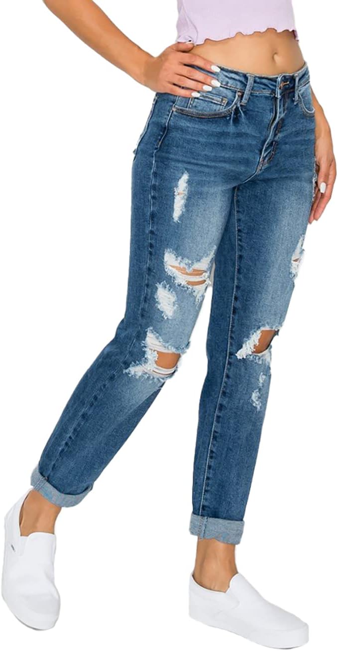 WAX JEAN Women's Boyfriend Jeans with Destructed Blown Knee and Rolled Cuff - Image 3