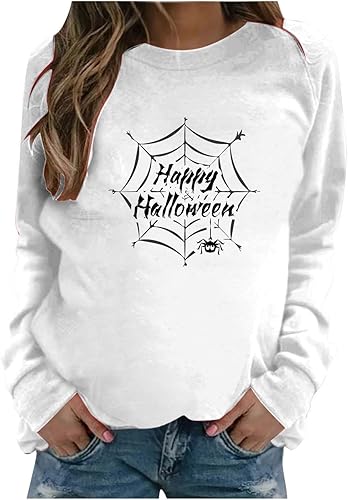 symoid Women Halloween Sweatshirts 2023 Happy Halloween Funny Long Sleeve Tops Crewneck Spider Web Print Gothic Trendy Shirts