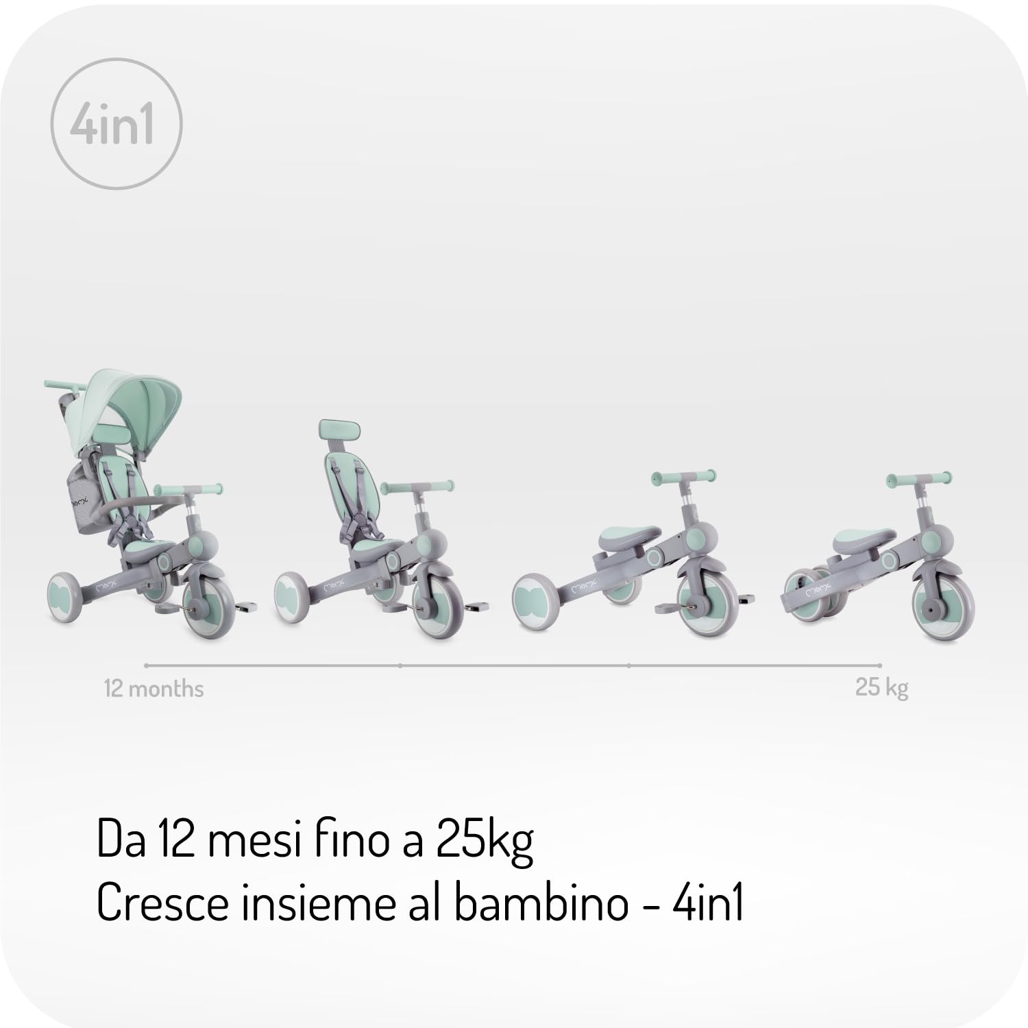 Triciclo per bambini MoMi 4in1 SOLIVIA con manubrio telescopico, cinture di sicurezza a 5 punti, per bambini a partire da 12 mesi, con capottina parasole, ruote in PU, borsa e portabicchiere