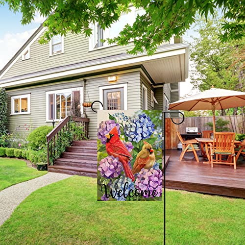 Artofy Welcome Summer Cardinal Red Birds Home Decorative Garden Flag, Yard Hydrangea Flowers Outside Decor, Spring Outdoor Small Burlap Decoration Double Sided 12 X 18 #TOP5