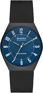 Relógio masculino Grenen de três ponteiros com malha de aço ou pulseira de couro, Energia solar - meia-noite, Relógio de quartzo