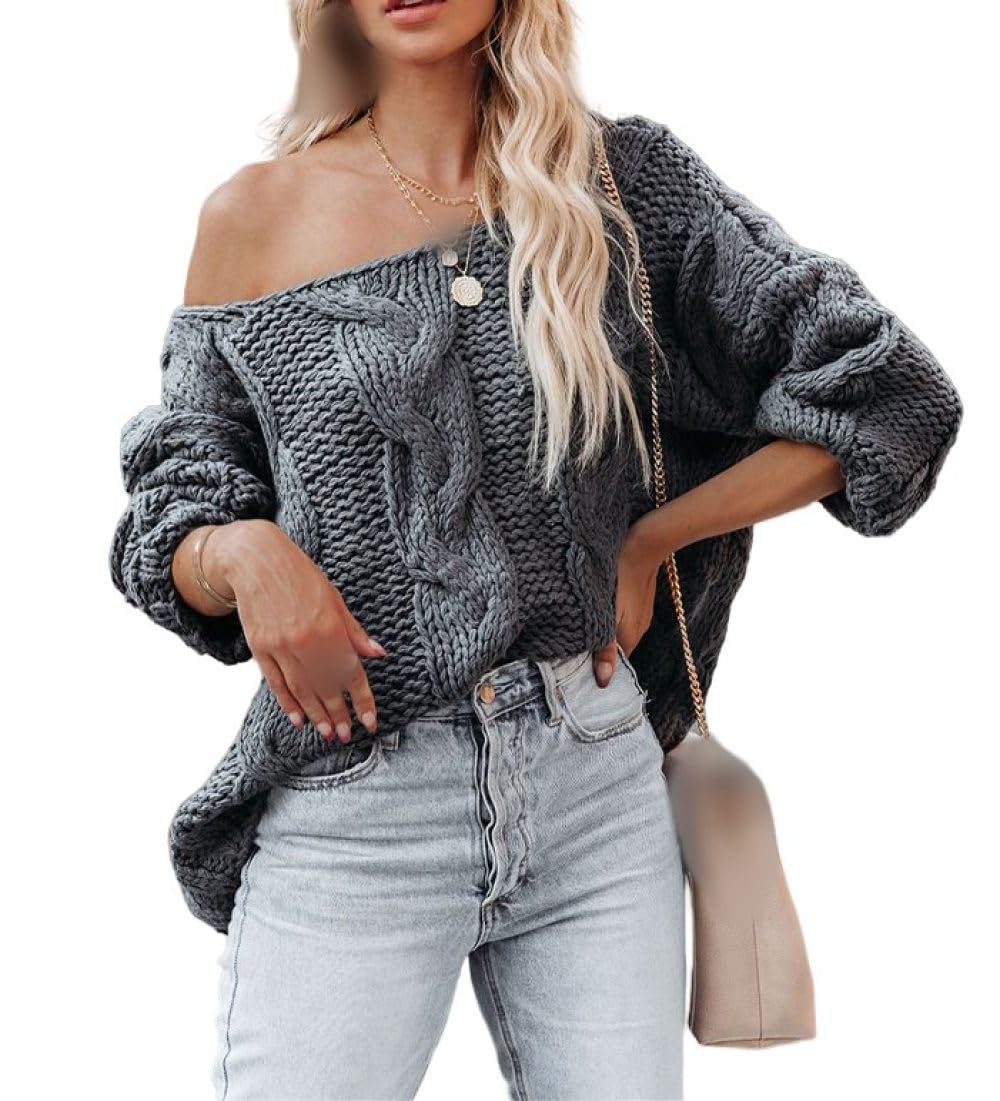 Pull À Épaules Dénudées pour Femme, Pull À Épaules Dénudées pour Femme, Pulls Surdimensionnés en Tricot Épais À Câble Aran, Pull en Tricot Sexy, Pull Décontracté, Hauts en Tricot