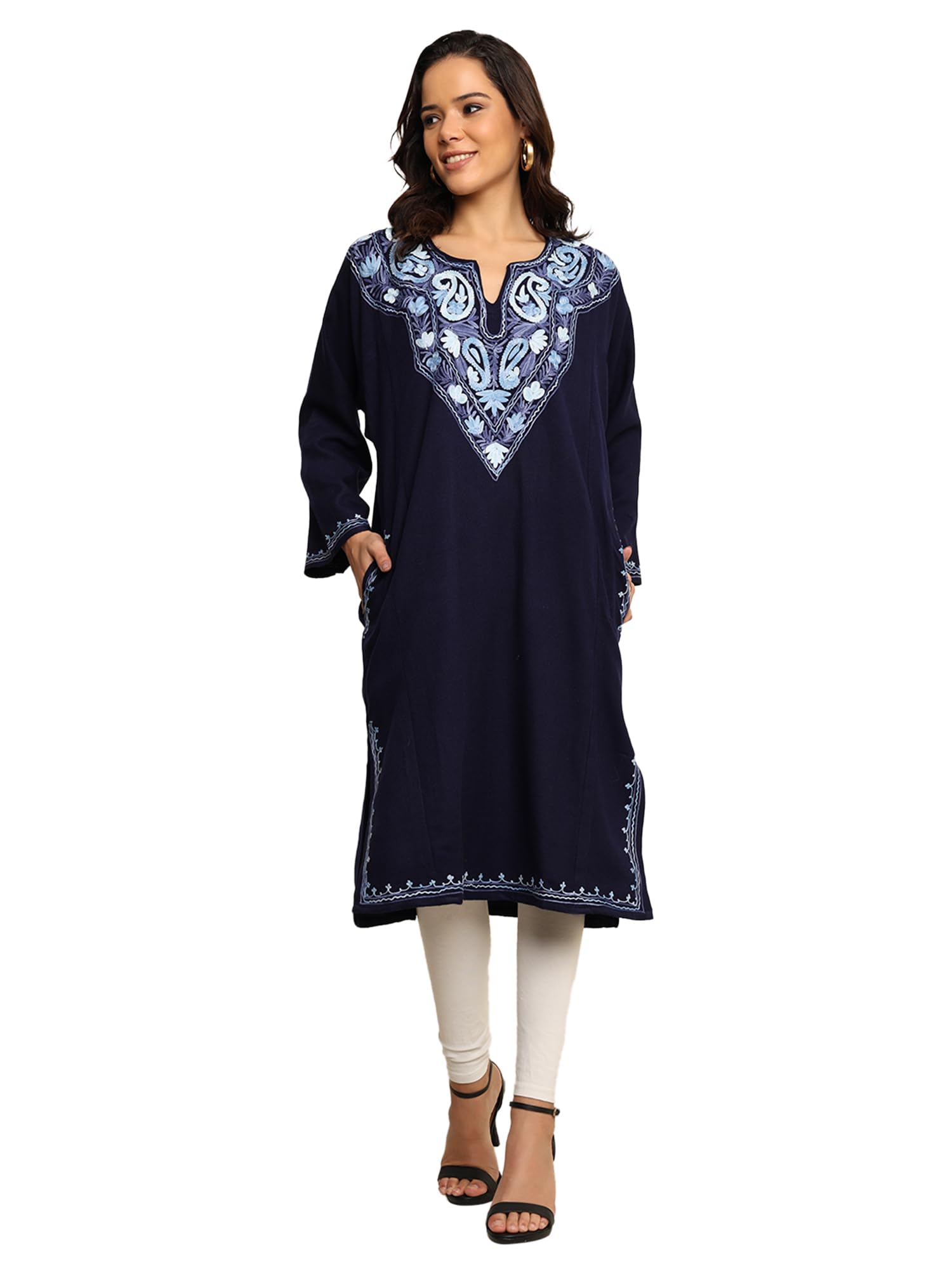 craftbazar Kashmiri Embroidered Cashmilon Phiren Blue/Blue-picture-32