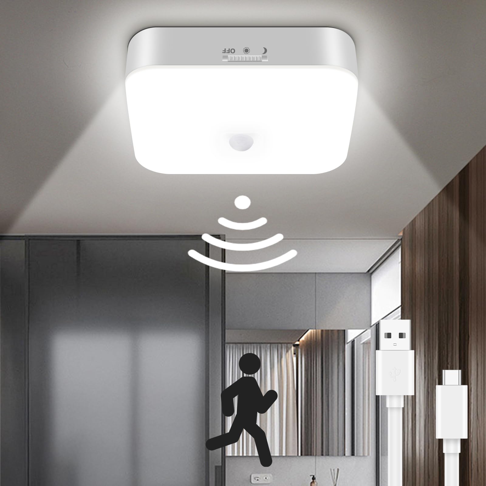 TOOWELL Rechargeable Motion Sensor Ceiling Light Indoor - 10000mAh Battery Operated Closet Light,500LM Motion Activated Wireless Lights for Closet Shower Bathroom Pantry Hallway Porch Stair 5000K