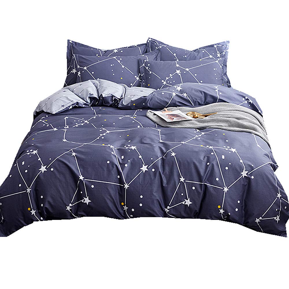 Housse de couette et taie d'oreiller parure de lit bleu constellation galaxy grand lit coton