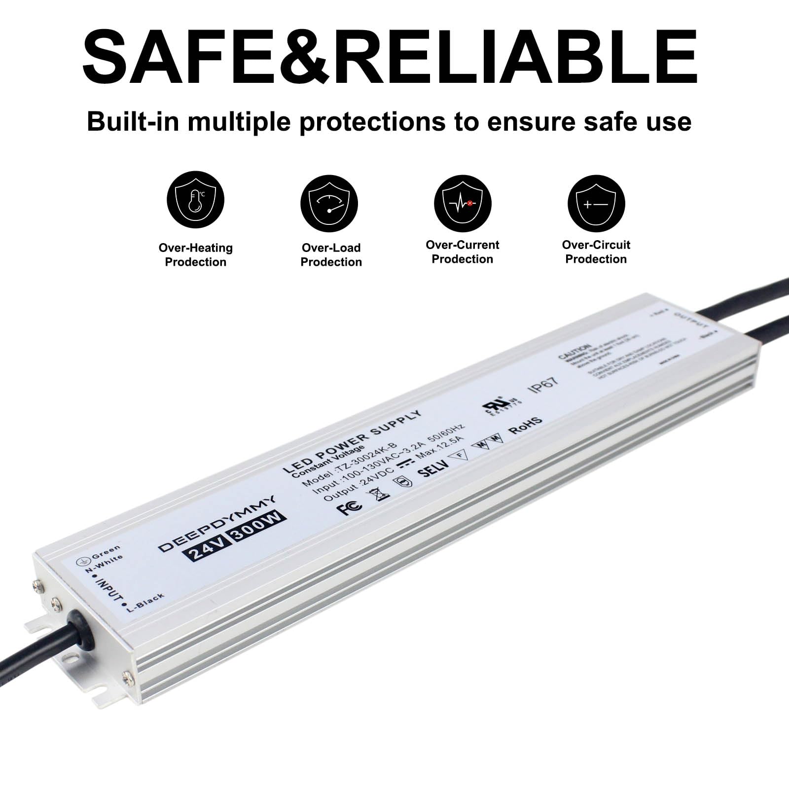 Alimentatore 24 V DC 300 W - Trasformatore ultra sottile a bassa tensione con spina a 3 poli e cavo da 1 m, impermeabile IP67 per strisce LED, illuminazione esterna