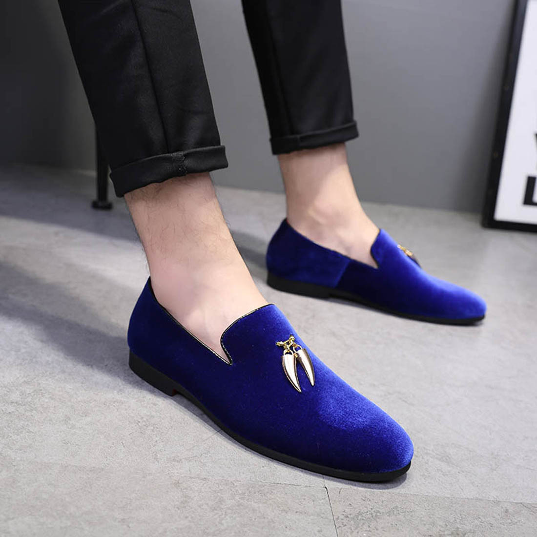 REIHUANNE Men Royal Blue Velvet Loafer Metal Buckle Slip On Luxury Smoking Shoes Amazon.com | REIHUANNE Men main image 4