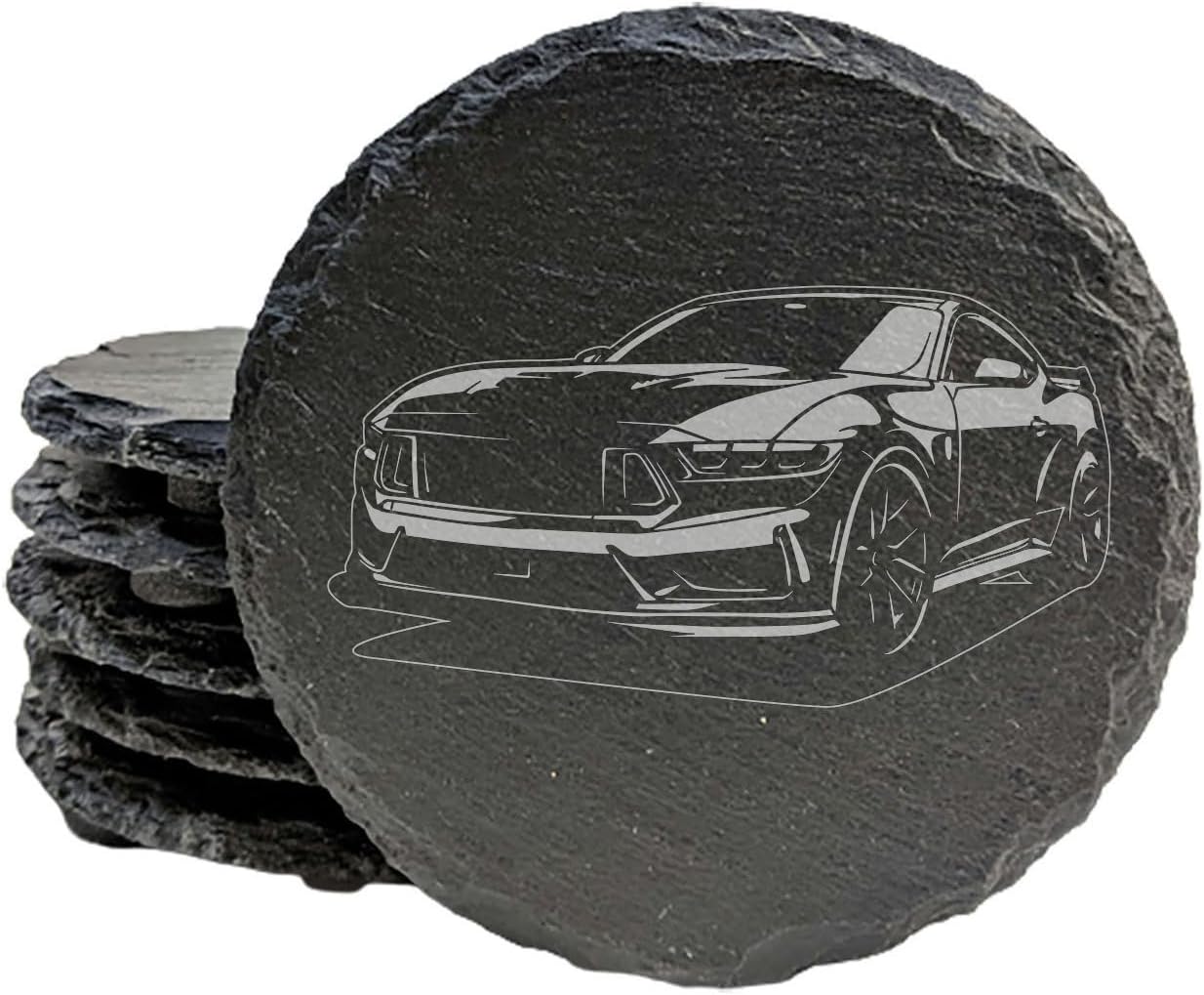 2023 Ford Mustang Dark Horse Design Rustic Gray Slate Coasters Set of 5 - Laser Etched, Natural Chipped Edge, Rubber Feet - Perfect for Holidays, Birthdays, Housewarming Gifts - Made in Oregon USA