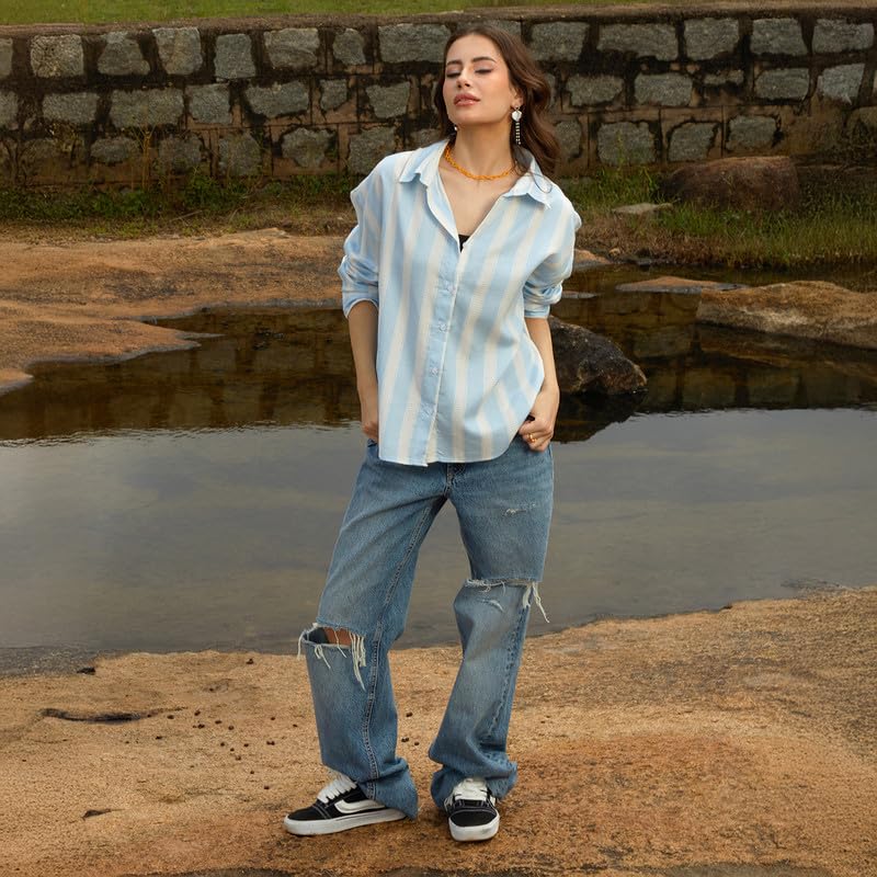 Image of PINACOLADA Women's Solid Oversized Shirt for Casual Wear | Spread Collar | Long Sleeve | Button Closure | Oversized Shirt Crafted with Comfort Fit for Everyday Wear