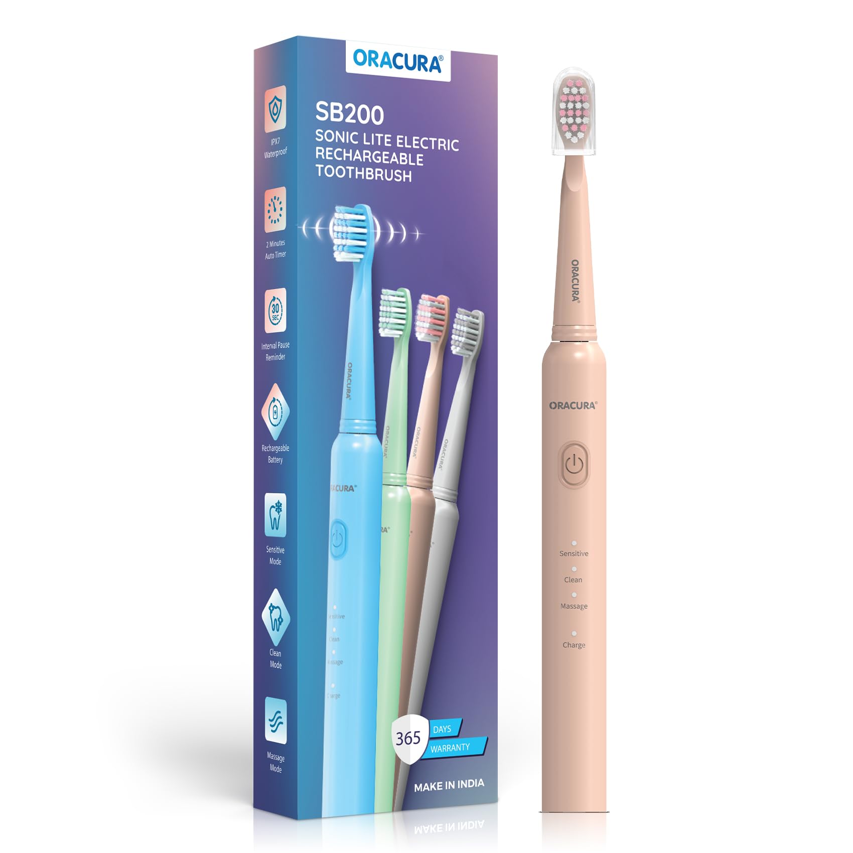 ORACURA SB200 Peach Electric Toothbrush for Men & Women, 1 Year Warranty, 36,000 strokes/min, 3 Modes, IPX7 Waterproof, 25 Days Charging Time Cycle, 2 Mins Auto-Timer