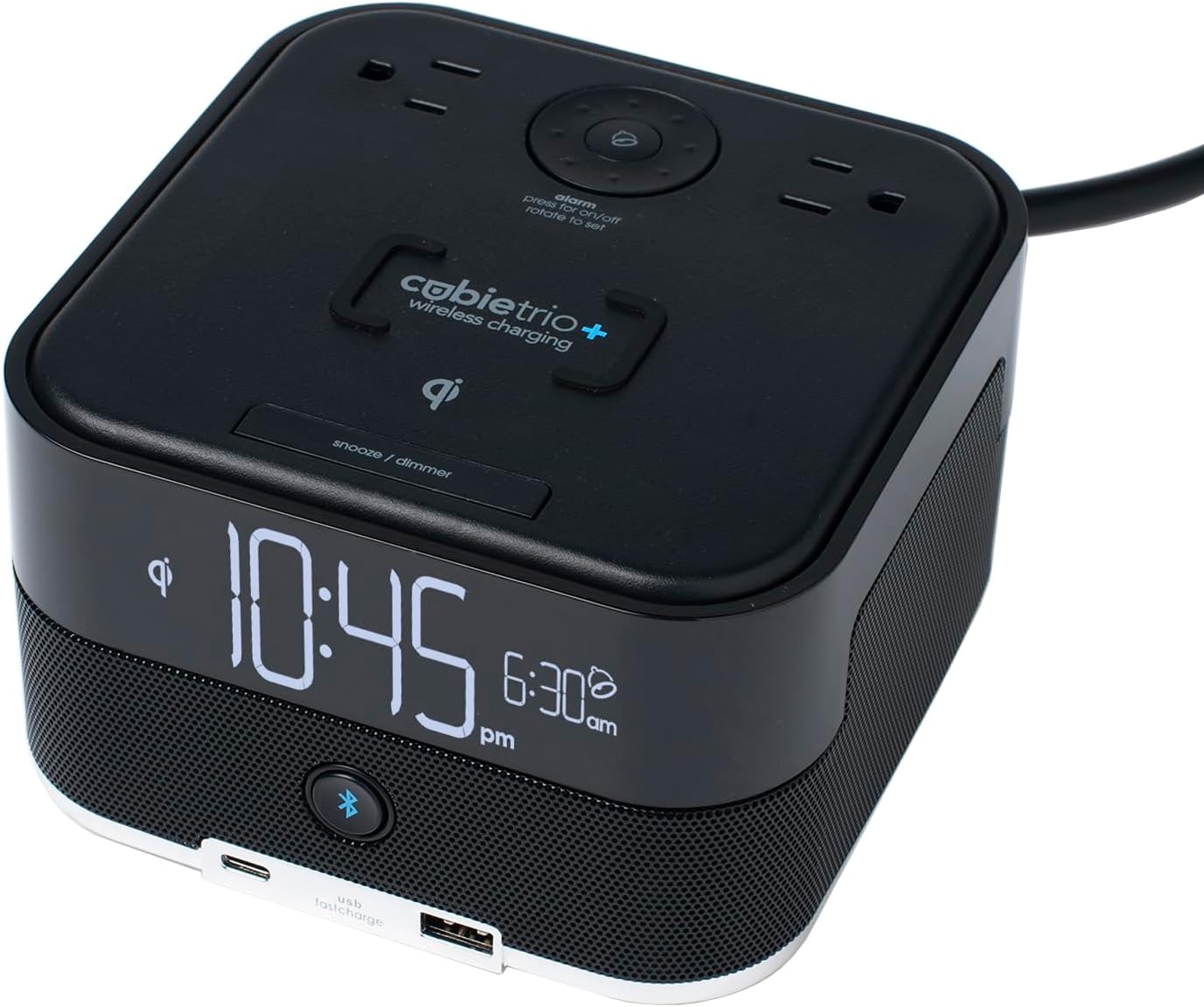Brandstand CubieTrio+ - Wireless Charging Alarm Clock with Bluetooth Speaker Outlets and USB Ports
