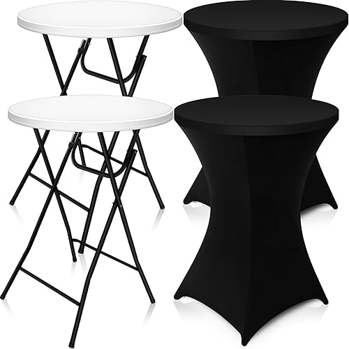 Wenqik 2 Sets 32" High Top Round Folding Cocktail Tables White Bar Height with Removable Legs & 32"x43" Spandex Stretch Table Covers (Black)