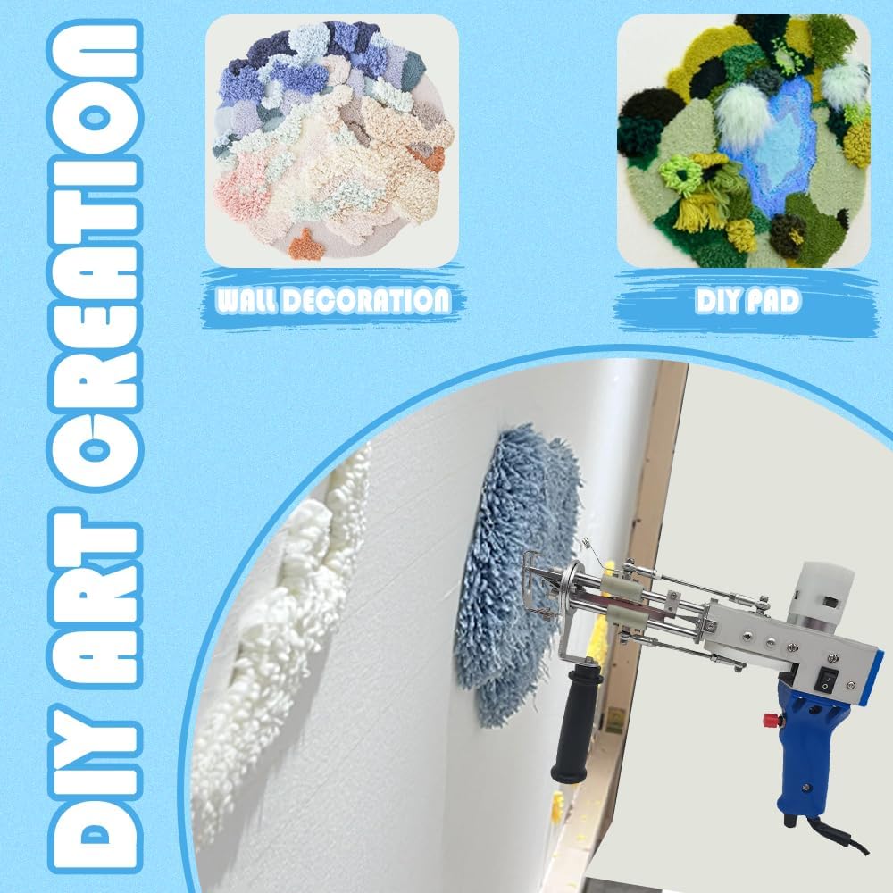 Rug Tufting Gun, 2 in 1 Set Electric Carpet Tufting Gun, Electric Carpet Tapis Knitting Tufting Pistol Weaving Flocking Rug Machine, 300-1200RPM Adjustable Speed Safety Lock Portable Design (Blue)