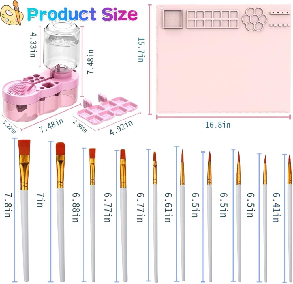 Paint Station - paint brush cleaner with 10 Paint Brushes and 20×16 Inch Silicone Painting Mat, Reusable Art Supplies for Kids, Adults & Beginners - Perfect for Watercolor, Acrylic, Oil Painting(Pink) - Image 2