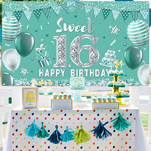 Teal Silver Birthday Backgrounds For Women Girls Silver Green Happy Sweet 16Th Birthday Shiny Diamond Balloons Party Supplies Decoration Banner Photo Booth Props Background #TOP5