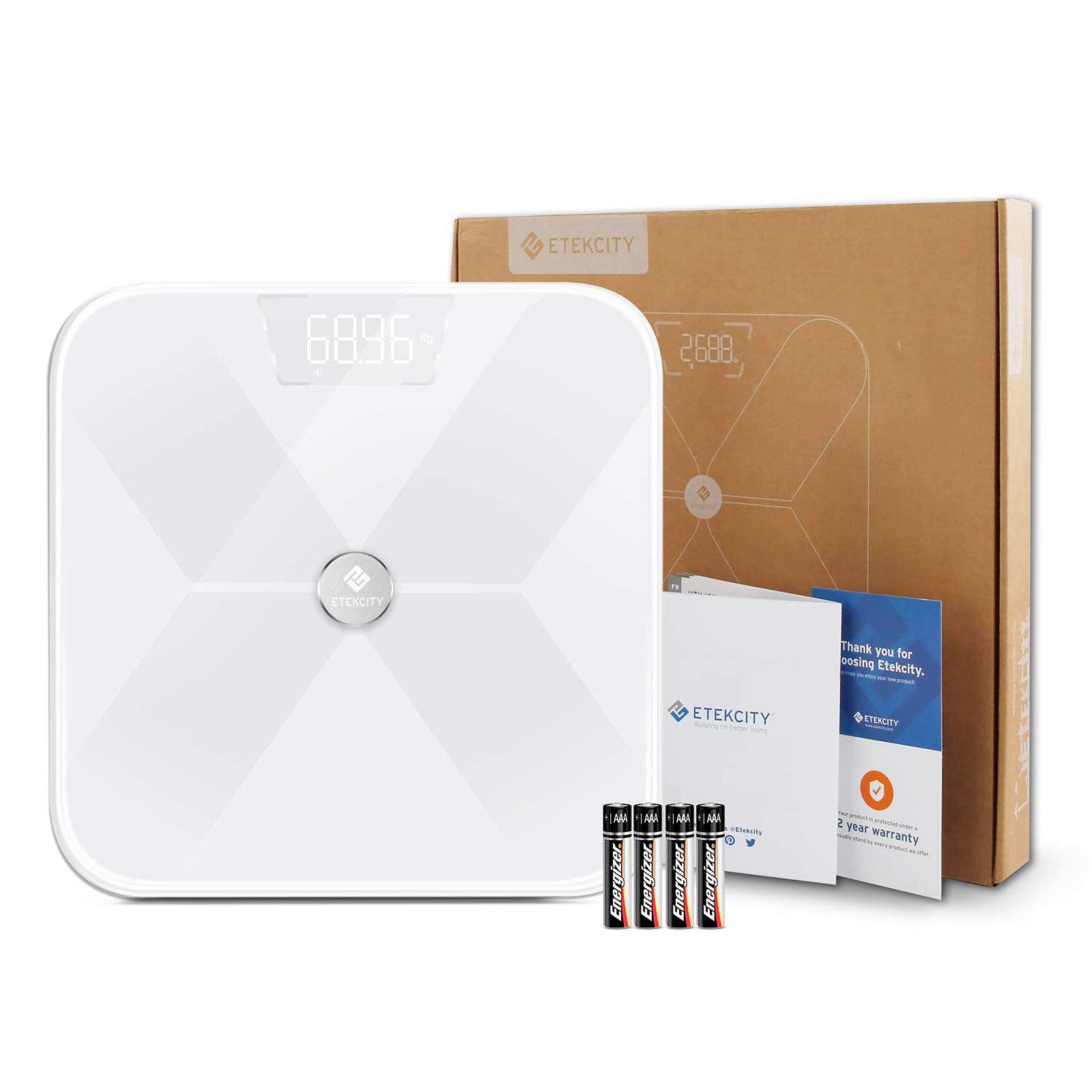 Etekcity Pèse Personne Impédancemètre, Balance Connectée, Pèse Personne Connecté Bluetooth Electronique, 13 Donneés Corporelles(Graisse/Eau/Osseux), Verre Conducteur ITO, Grande plate-forme 31x31 cm