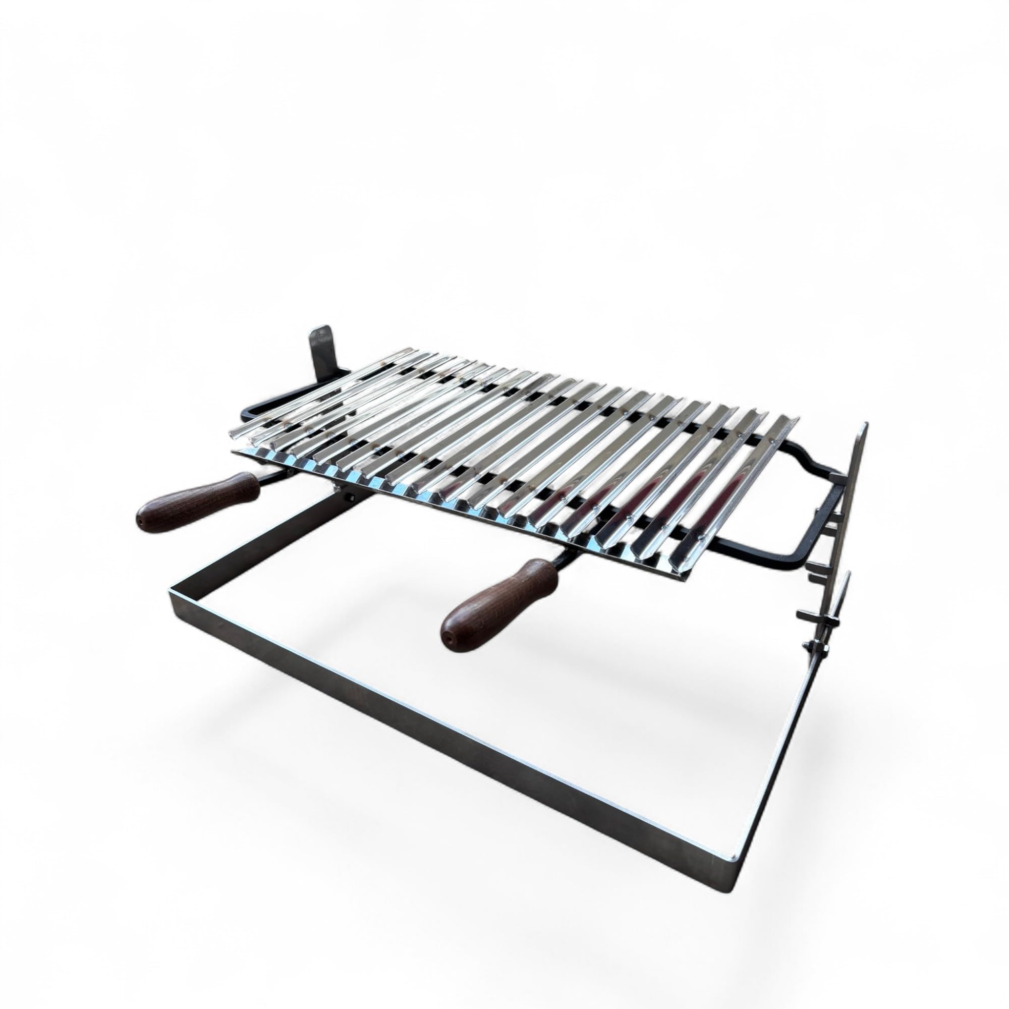 Griglia per Barbecue in Acciaio Inox, Sistema Scolagrassi, Manici in Legno, Base in Ferro Regolabile su 3 Altezze 70x45cm, Superficie di Cottura 54cm