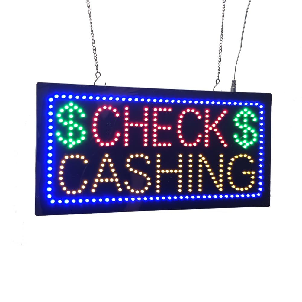 LED Check Cashing Sign, 19"×9.5", Animated Business Signboards for Financial Services Center, Pawn & Convenience Shop, High Brightness, Multiple Light