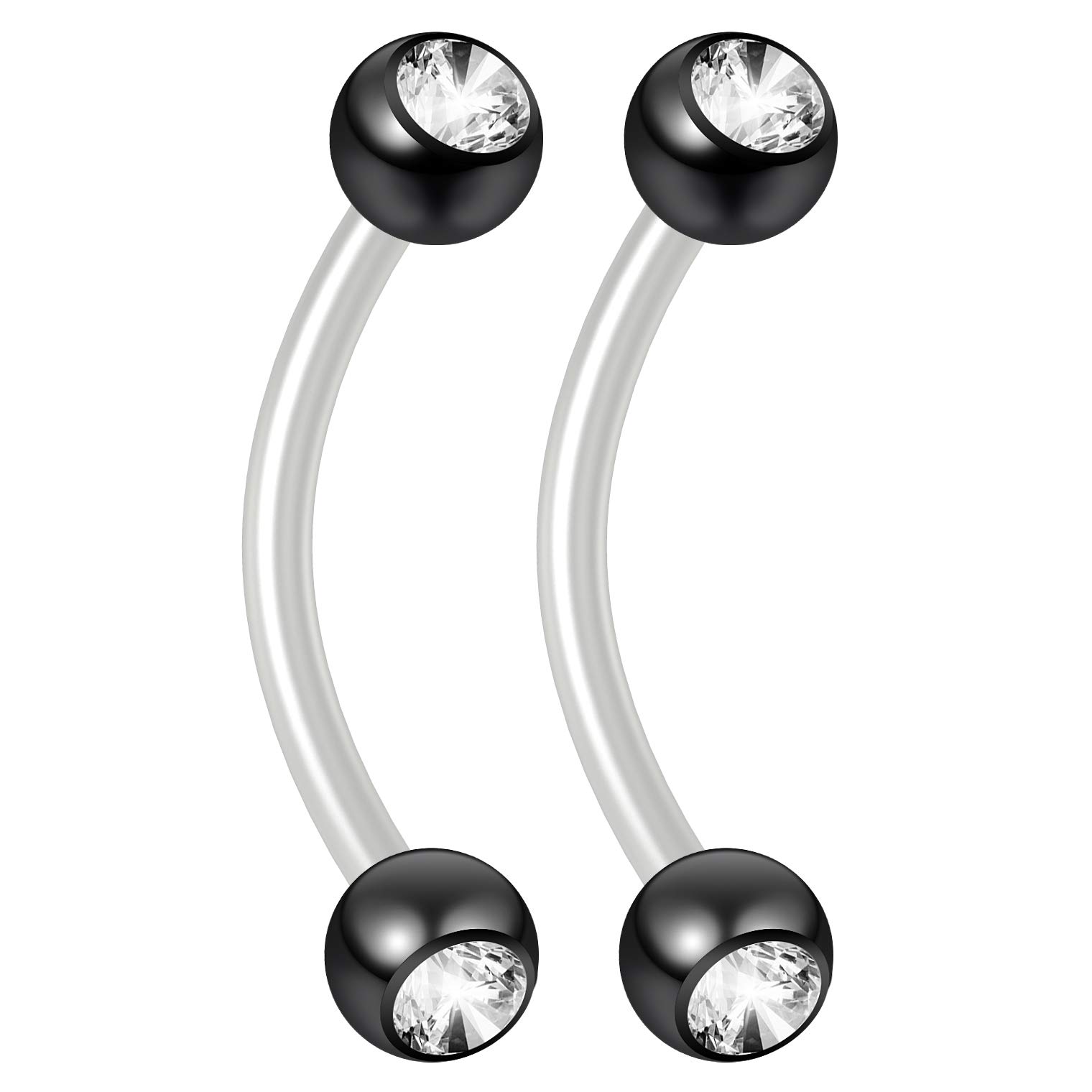 Bling Piercing2pc 16g Flexible Bioflex Curved Barbell Crystal Black Ball 10mm Bioplast JCurve Banana Bar