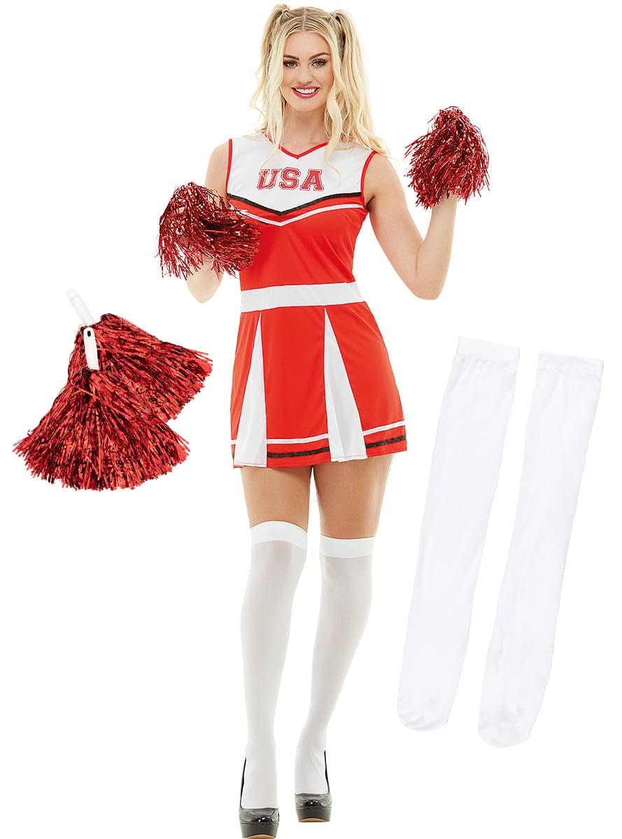 Funidelia | Cheerleader Costume with Pom-Pom and Socks for Woman Cheerleader & American Football - Costume for Adults Accessory Fancy Dress & Props for Halloween, Carnival & Parties - Size 4XL