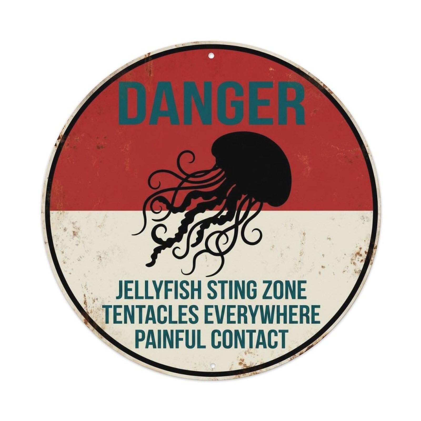 Distressed Marine Life Caution Symbol Jellyfish Sting Drift Metal Tin Sign Plaque Wall Decor for Cafe, Man Cave, Club Bar, Office, Home Garden Round Metal Poster 8x8Inch