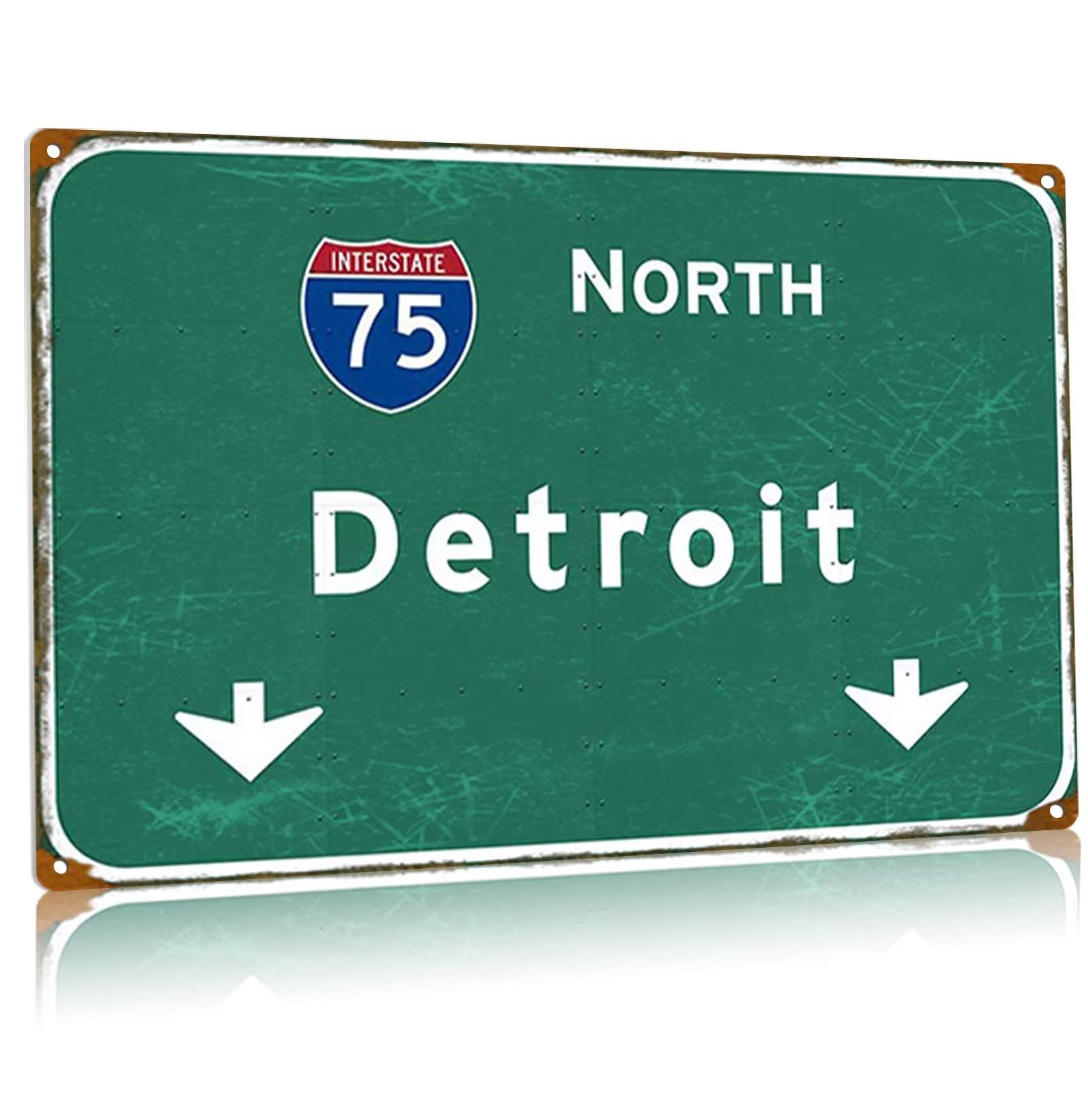 Vintage Green Metal Tin Signs North Detroit Interstate 75 Road Sign Highway Airport Direction Sign Bar Club Home Wall Decor 8x12 Inches
