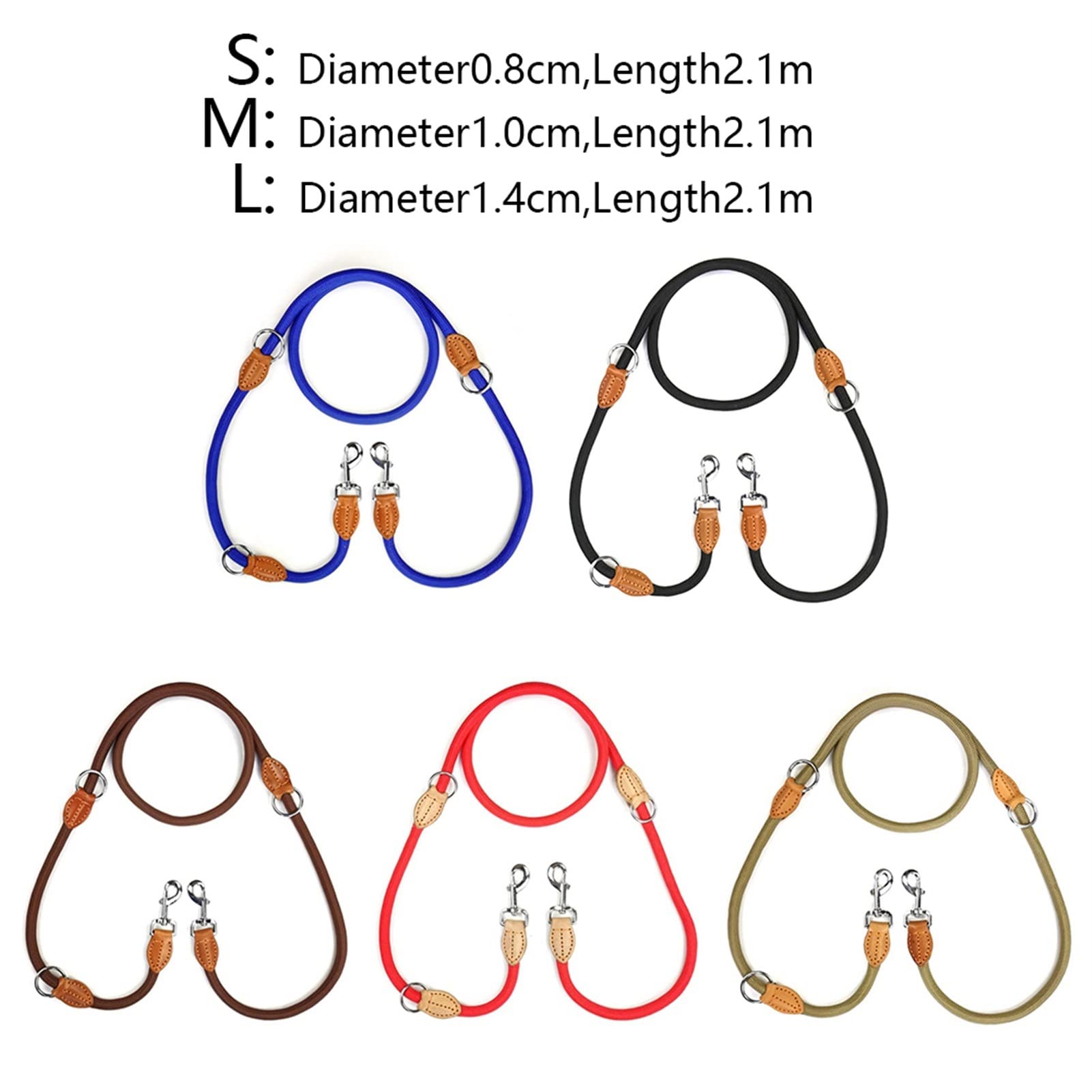 Multifunktions-Doppelleine Kettenhalsband Zwei Hundeleinen Nylon Verstellbare Lange Kurze Hundetrainingsleinen Hundezubehör (Color : Coffee, Size : L)
