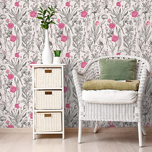 Veelike Grey Sketch Floral Peel And Stick Wallpaper Pink Floral Wallpaper 17.7''X118'' Vintage Botanical Wallpaper Prepasted Removable Floral Contact Paper For Bedroom Bathroom Walls Cabinets Shelves #TOP3