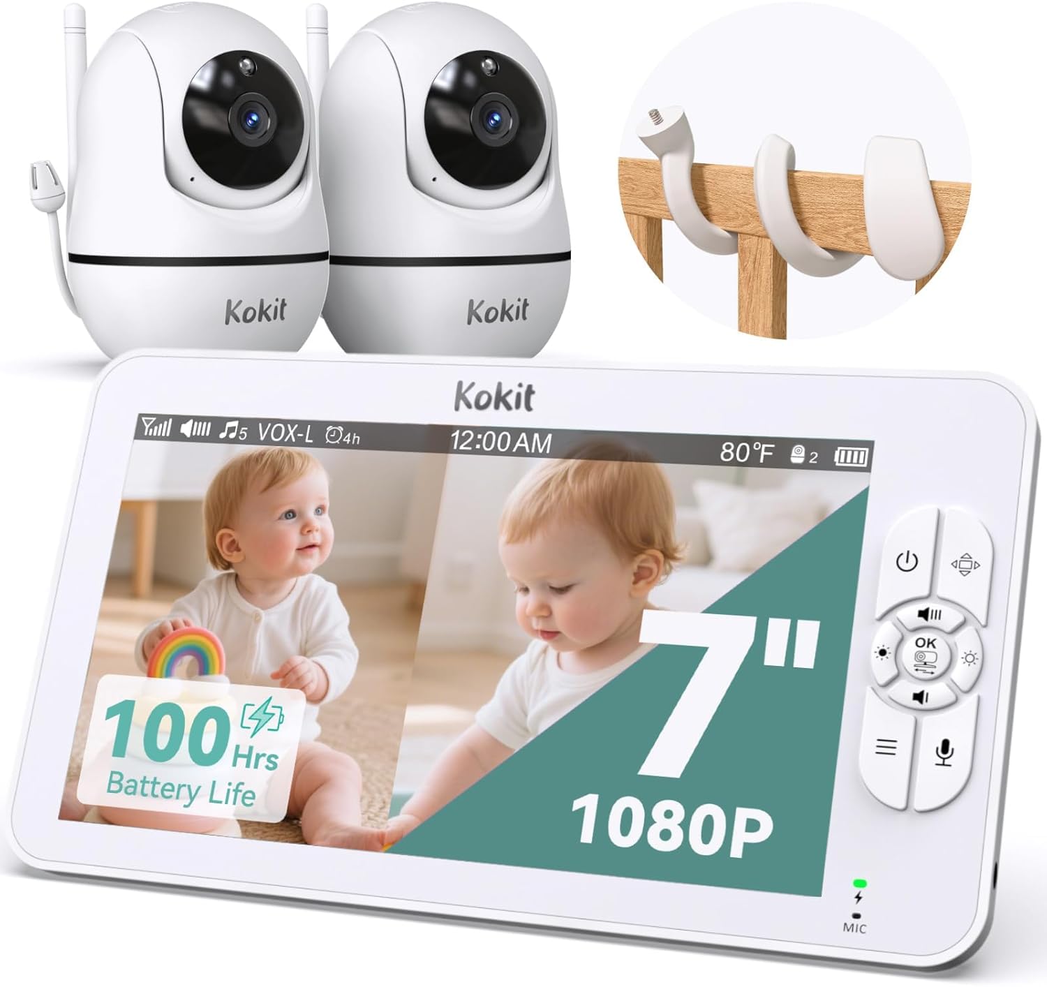 Monitor de bebé de 7 pulgadas 1080P con cámara y audio, sin WiFi, pantalla dividida de doble cámara para gemelos, batería de 100 horas, visión nocturna, conversación bidireccional, monitor de