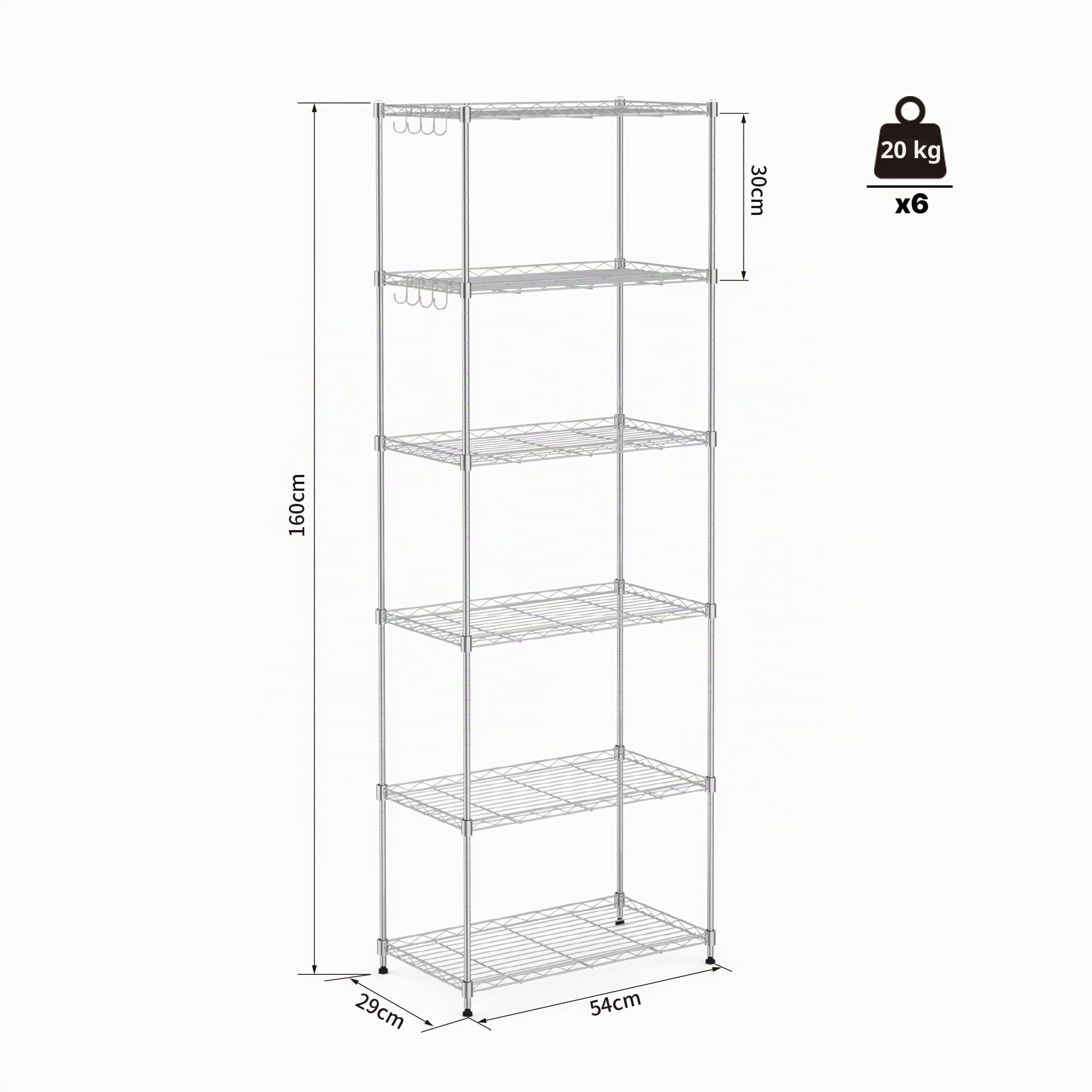 Mondeer Scaffale, Scaffale Portaoggetti in Metallo, 6 Livelli, con 8 Ganci, Regolabile in Altezza, Utilizzabile in Cucina,Bagno,Soggiorno, Balcone, Argento