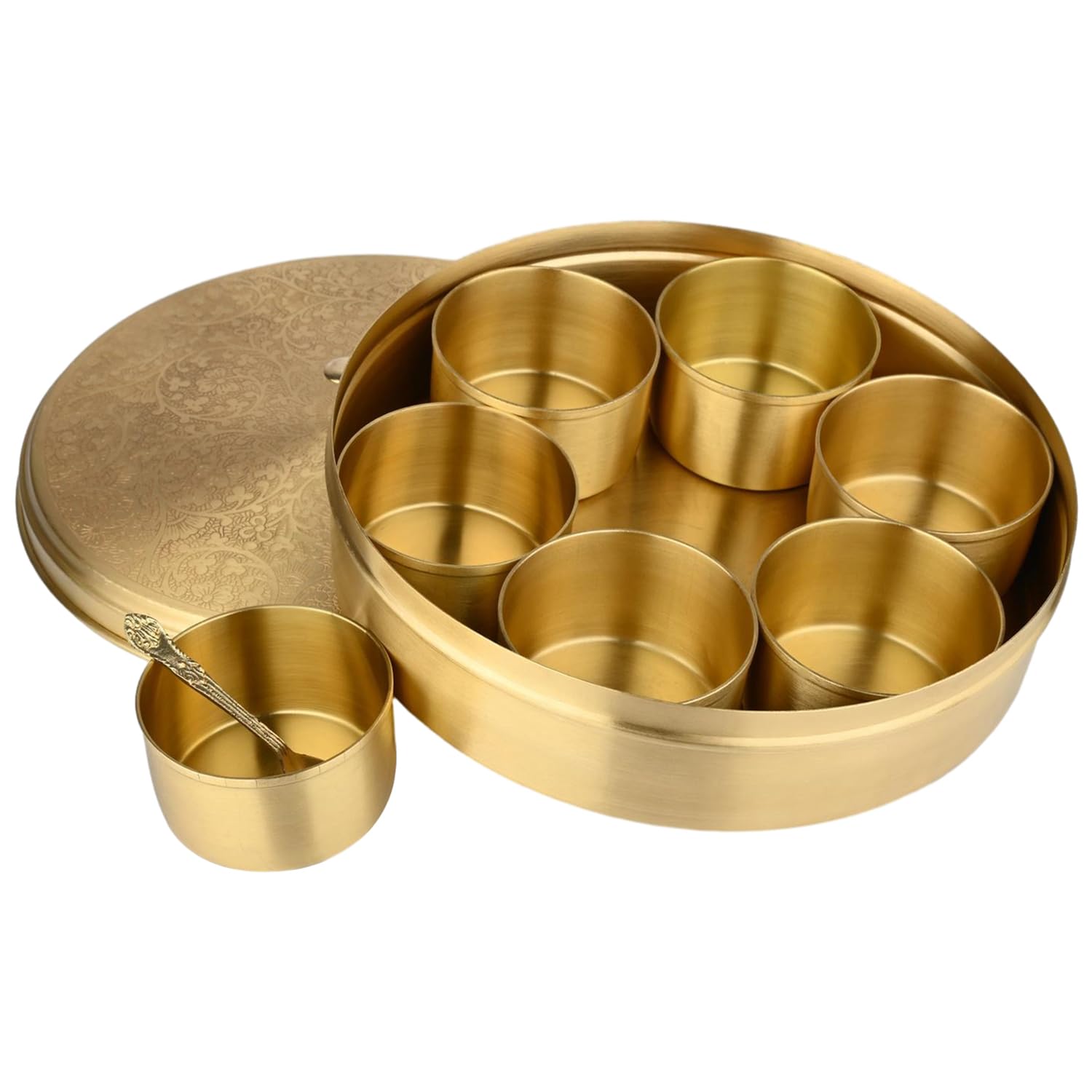 ANCIENTIMPEX Masala Dabba Gewürzbox aus Messing mit 7 Schüsseln, Löffel und Deckel, traditioneller indischer Masala Daani für Küche, Gewürz-Organizer und Aufbewahrungsbox (22,9 cm)