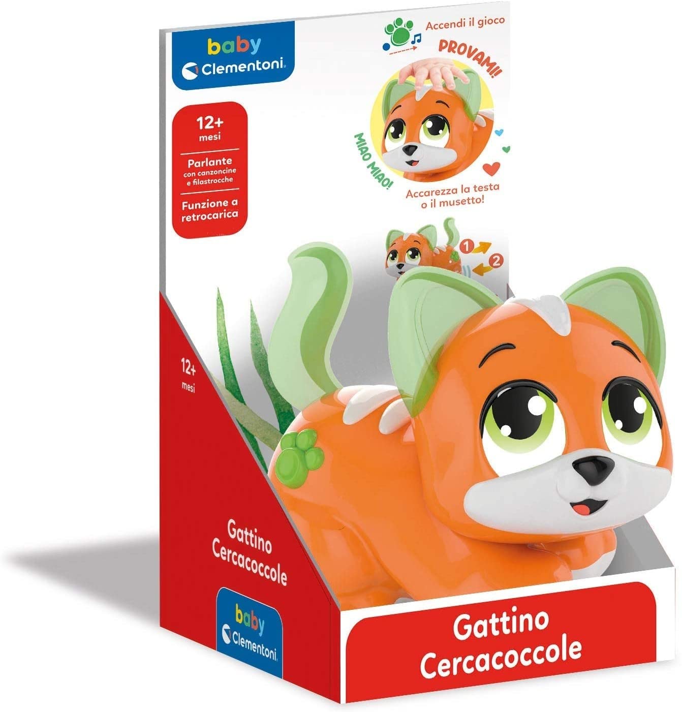 Clementoni Baby Gattino Cercacoccole, Gioco Interattivo Musicale per Bambini 12+ Mesi, Centro attività Prima Infanzia, Gatto da Accarezzare per Riprodurre Canzoni e Filastrocche, 17451