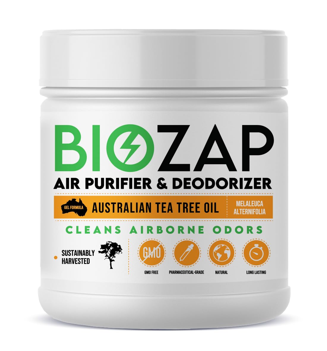 BioZap Air Purifier & Deodorizer (16-oz Jar) - Australian Tea Tree Oil Gel. Naturally Eliminates Odors in Basements, Crawlspaces, Gyms, Cars, Closets and More.