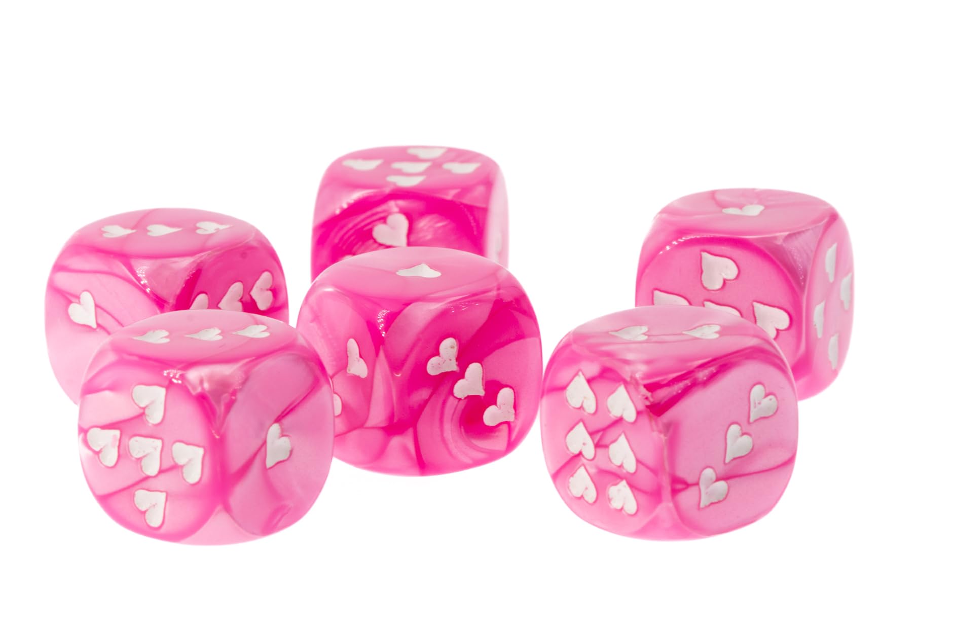 WeLoveDice - Würfel rosa mit weissen Herzen - Made in Germany - 6 Stück
