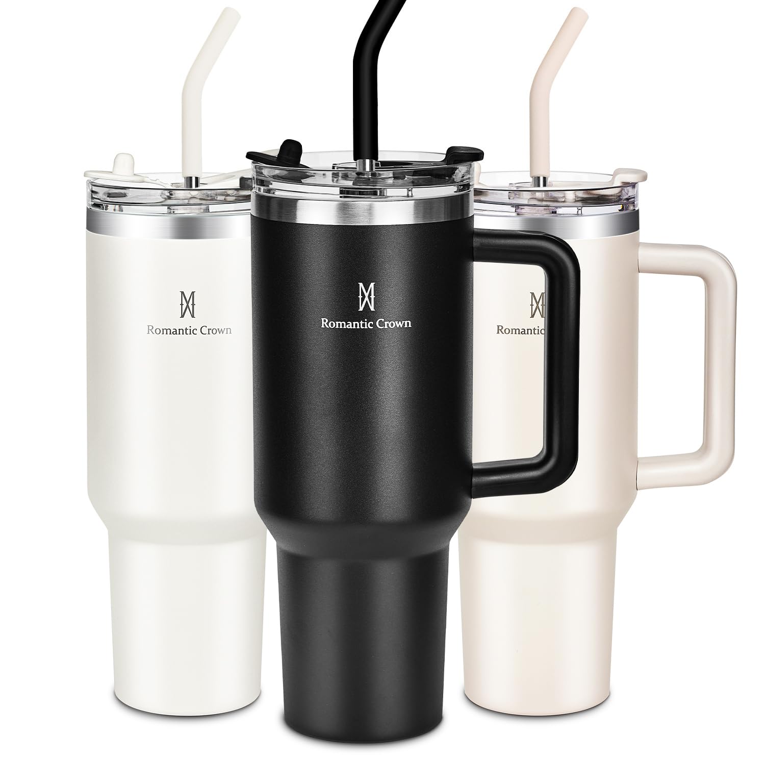 Romantic Crown Copo Térmico com Canudo Tampa e Alça 1,18L, Cops Garrafas Termico para viagem vácuo dupla camada aço inoxidável, Caneca Termica Cafe Água Chá,Presente, Fitness (Preto)