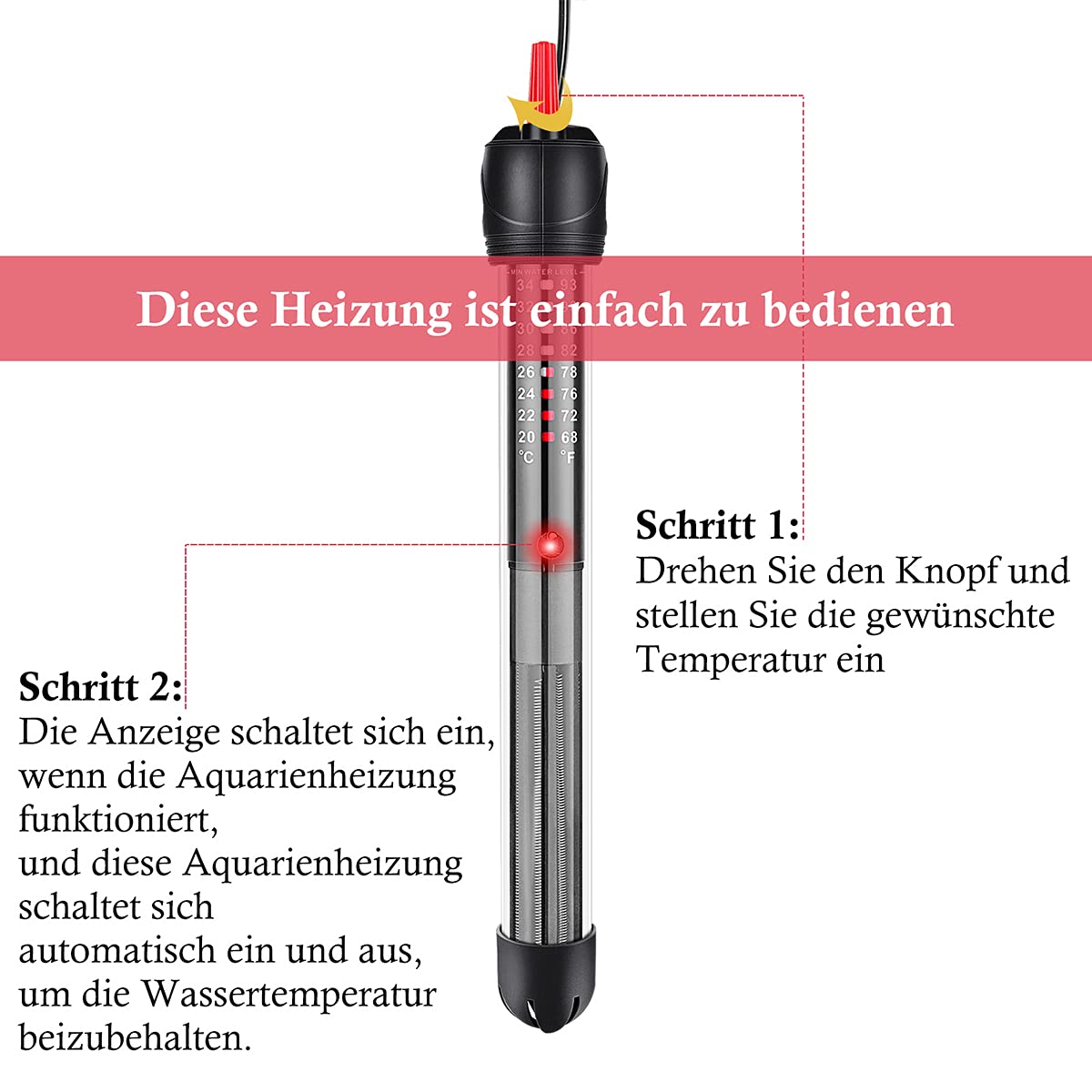 FEDOUR 100W 40-120L Aquarium Heizung, Verdicktes Quarzglas Aquarienheizer, Temperatur Einstellbare Aquarium Heizer Mit Saugnäpfen/Thermostat