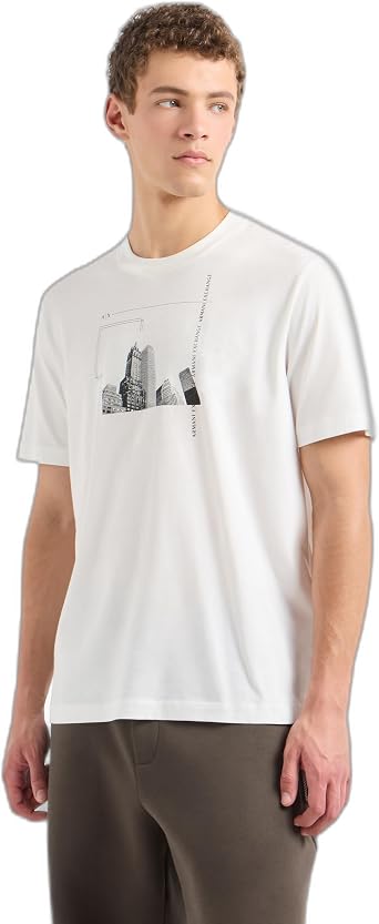 Armani Exchange Men's Scattered Graphic Elements with Iconic Building Image Regular Fit Tee T-Shirt