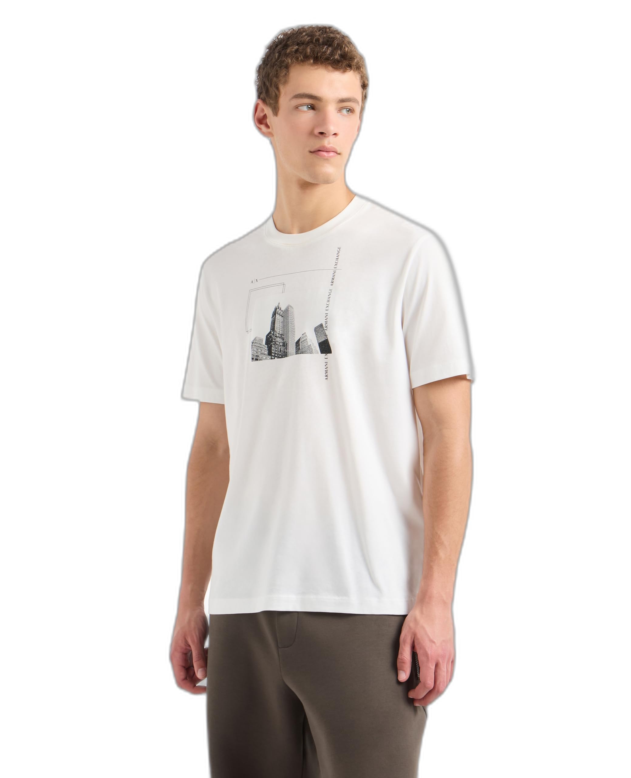 Armani Exchange Men's Off White Ny Scattered Graphic Elets With Iconic Building Image Regular Fit Tee T-Shirt, L